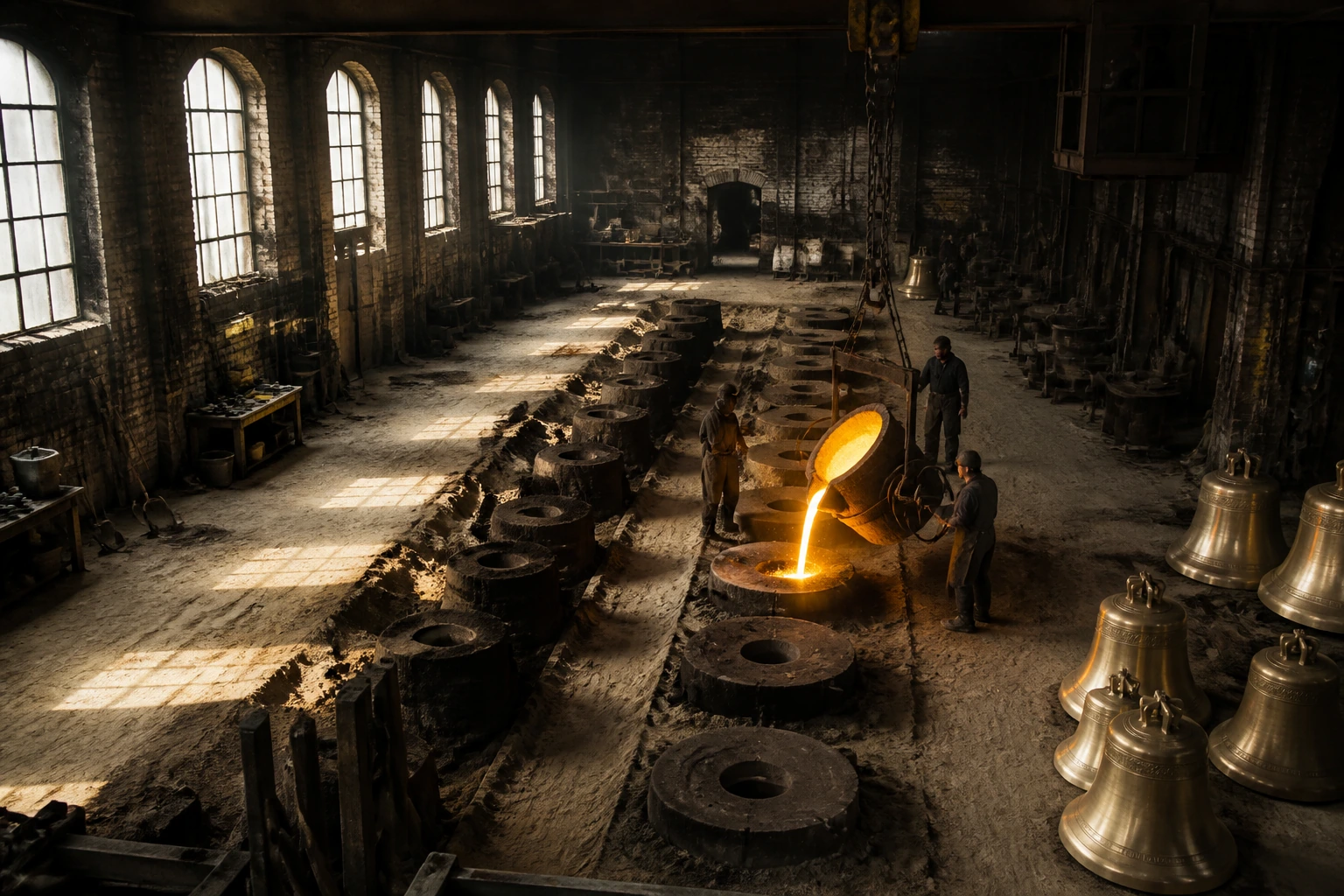 The casting hall of a bell foundry seen from a gantry, loam moulds set into a sand floor
