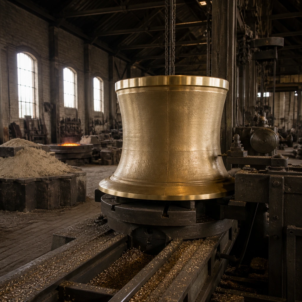 A large bronze bell mounted mouth-up on a tuning lathe with shavings on the bed