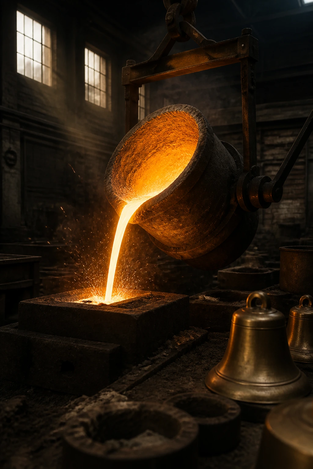 Molten bronze running from a tilted crucible into a mould in a dark foundry