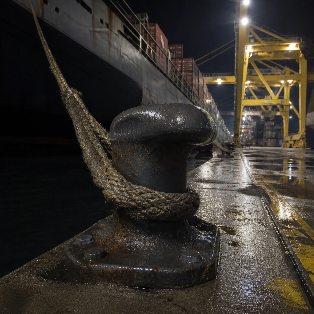 A heavy mooring rope over a steel bollard on a wet concrete quay