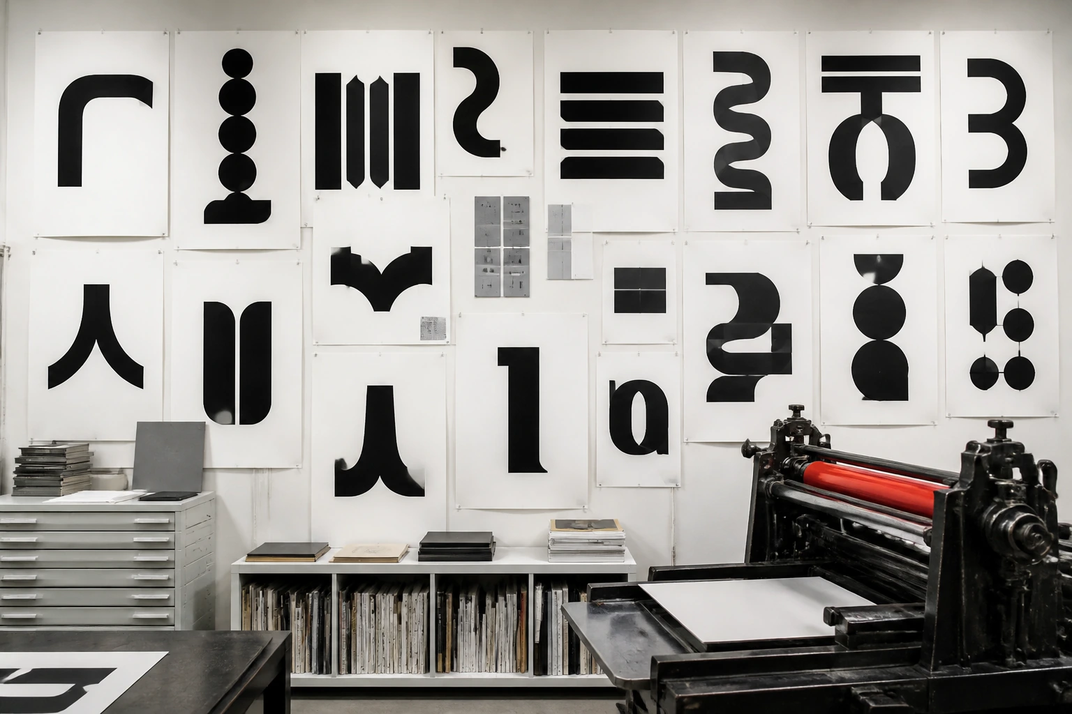 A studio wall pinned edge to edge with large printed type specimen sheets