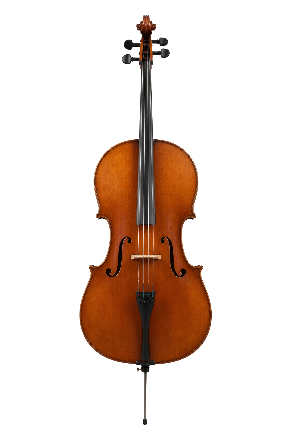 A cello standing upright, cut out against the pattern field