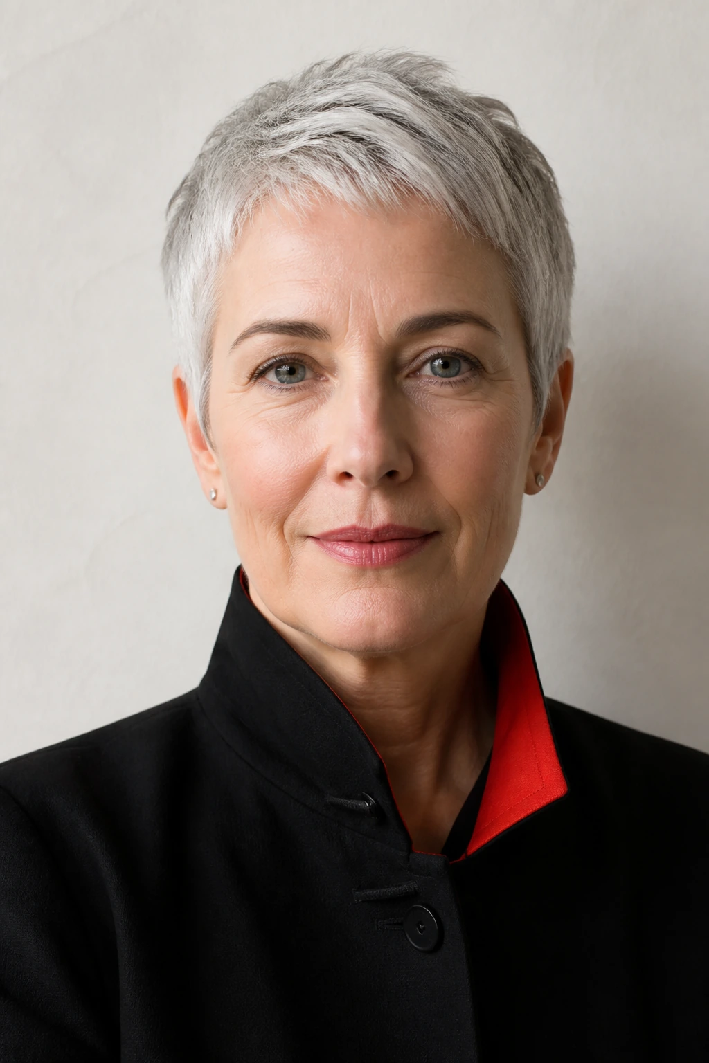 Studio portrait of conductor Ines Vogler, short grey hair, dark jacket with a red collar