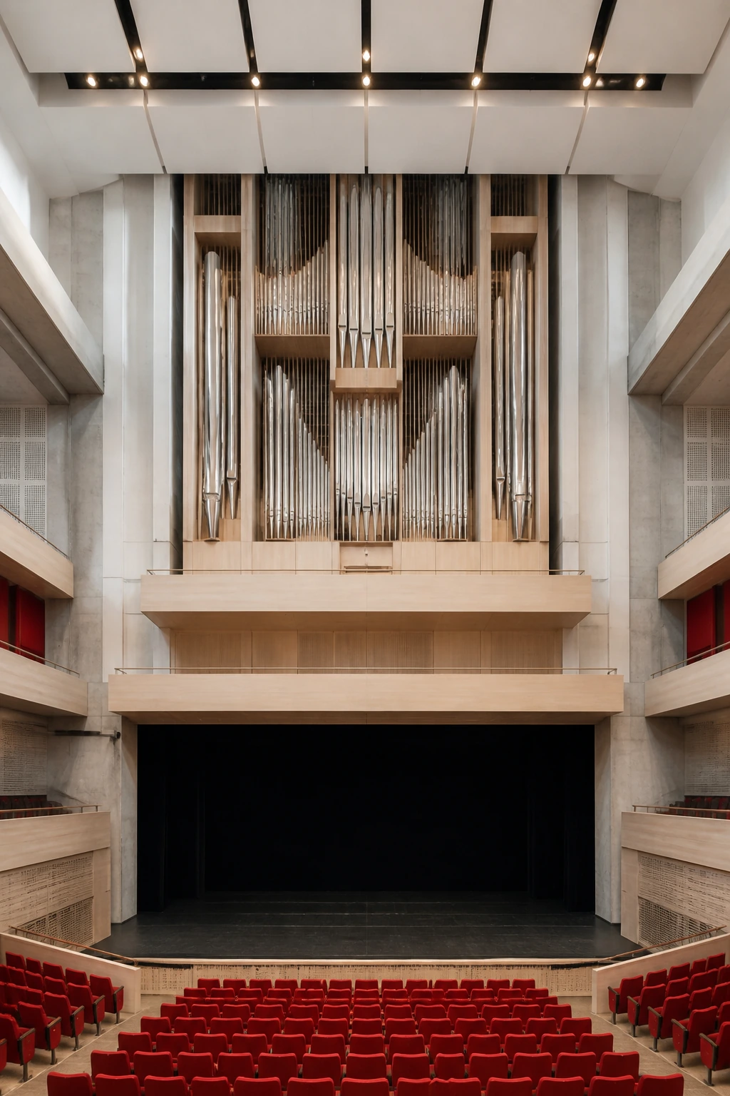 The organ facade rising above the choir seats, pipes in vertical ranks