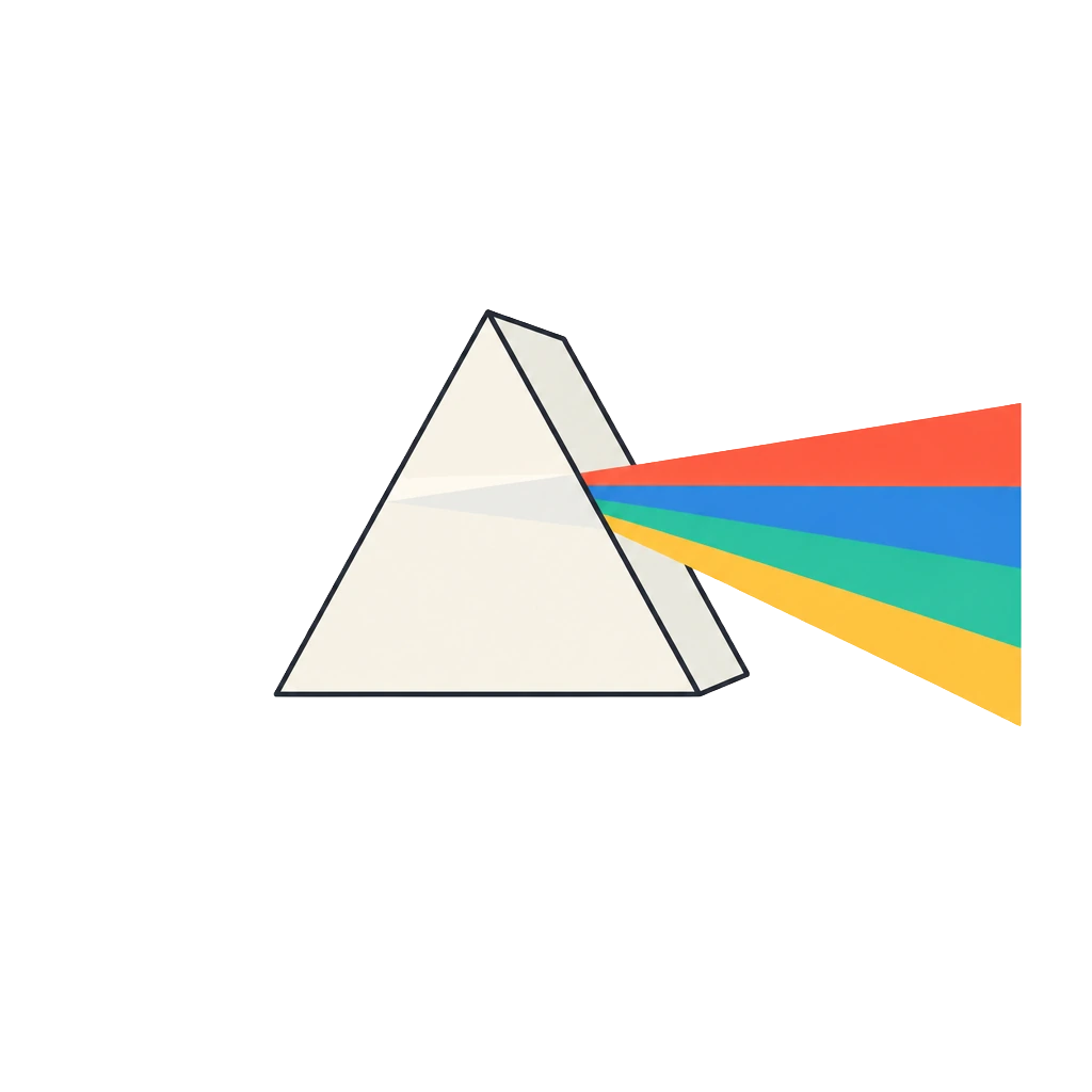 Glass prism splitting a beam of light into a rainbow