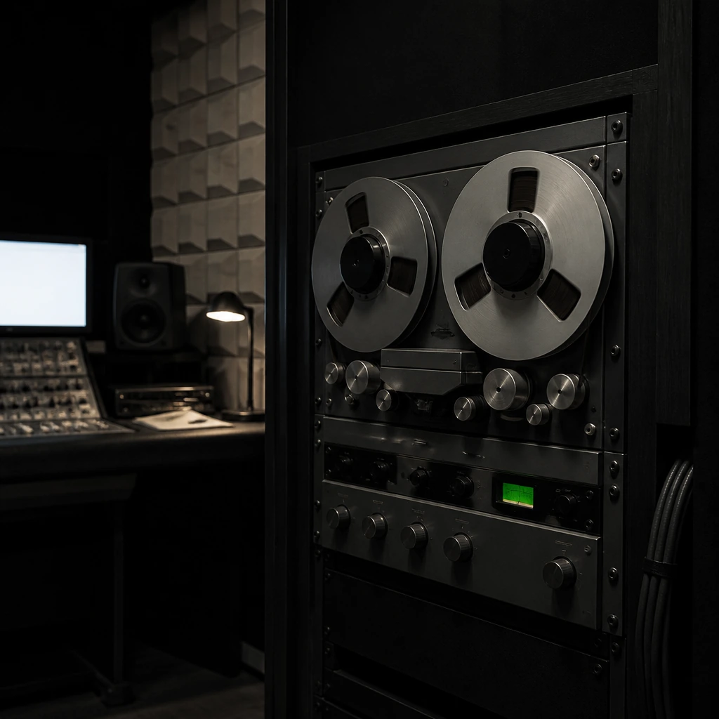 A reel-to-reel tape machine on a rack in a dark control room