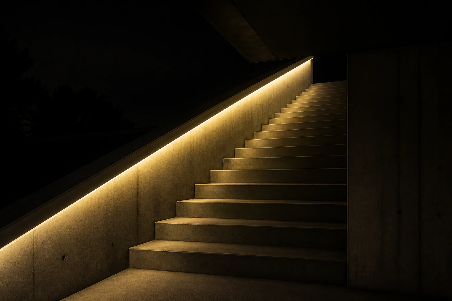 A concrete stair at night lit only by a continuous recessed line of warm light