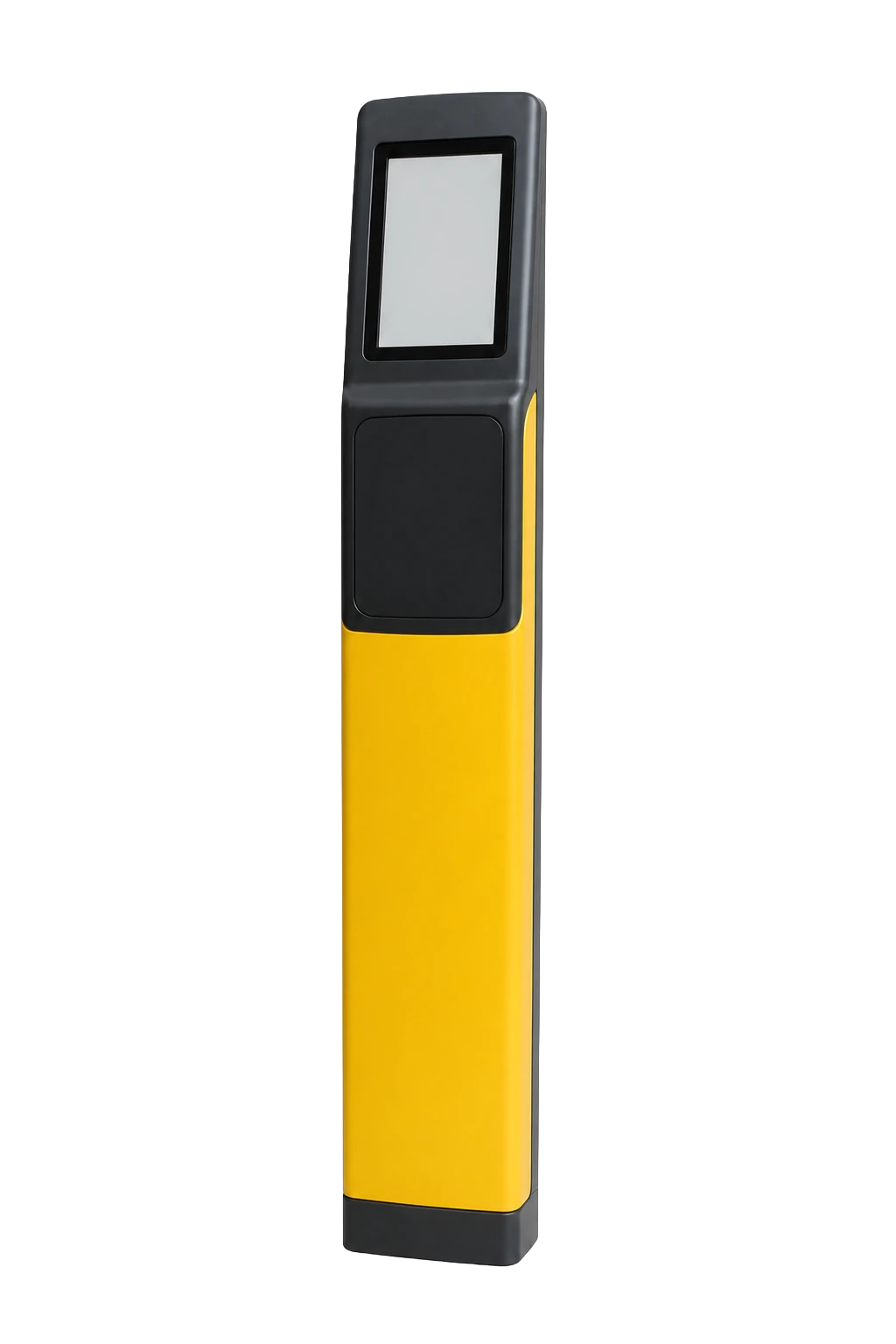 A yellow ticket validator unit with a card reader, isolated on a plain field
