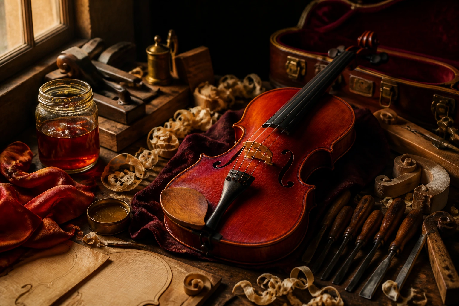 A violin in progress resting on the workbench among shavings, gouges, and a pot of varnish