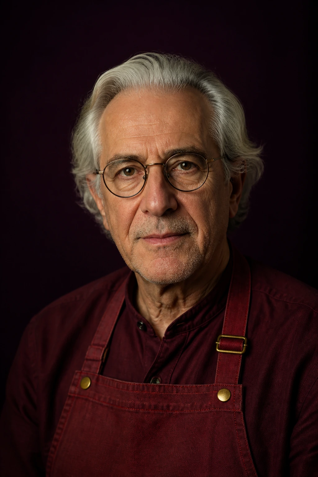 Ottavio Madrigal, white-haired and spectacled, in his burgundy work apron