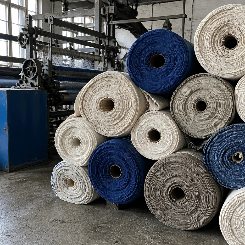 Rolls of woven cloth stacked on end in a mill store