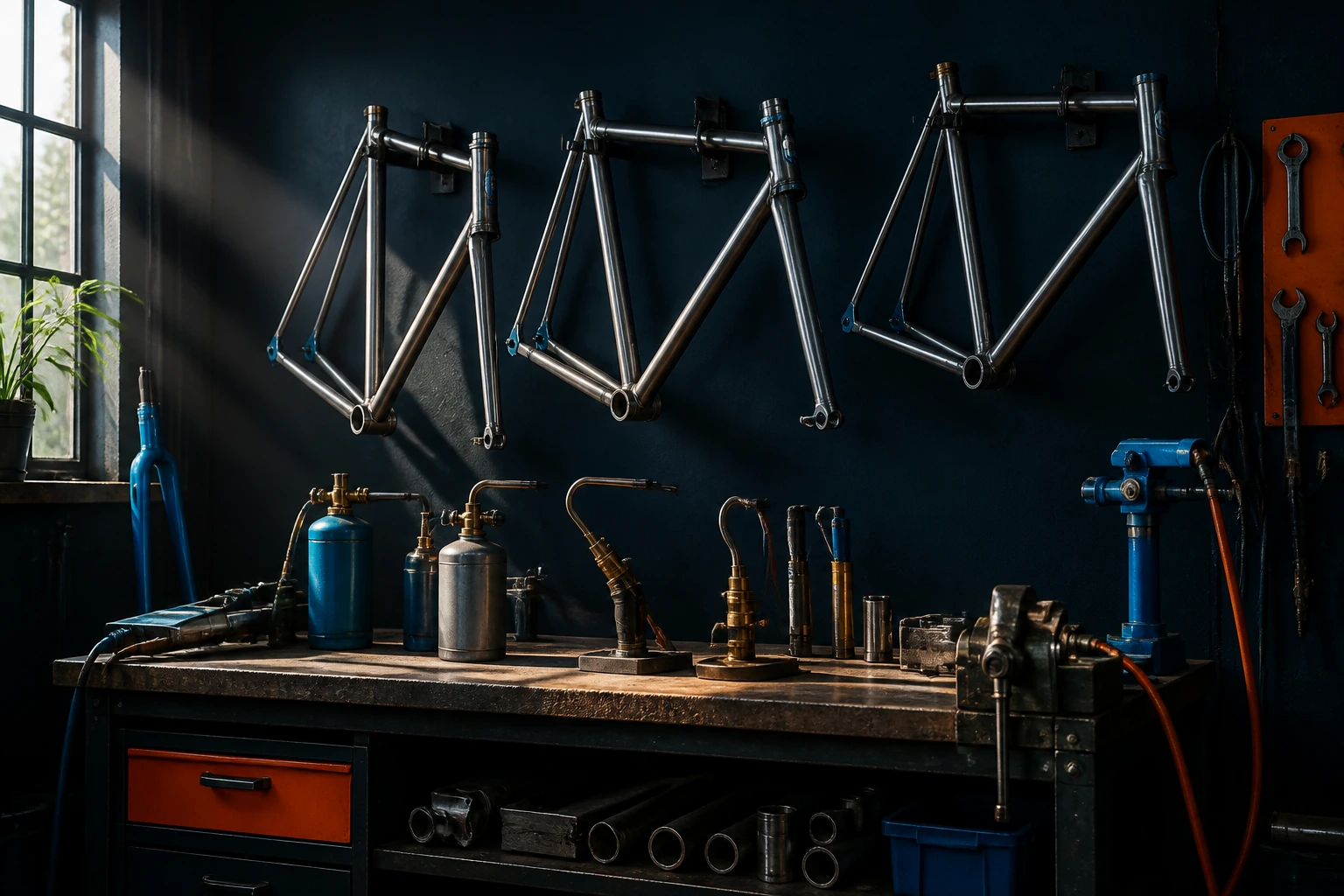 Workshop wall hung with steel frames in various stages of finish
