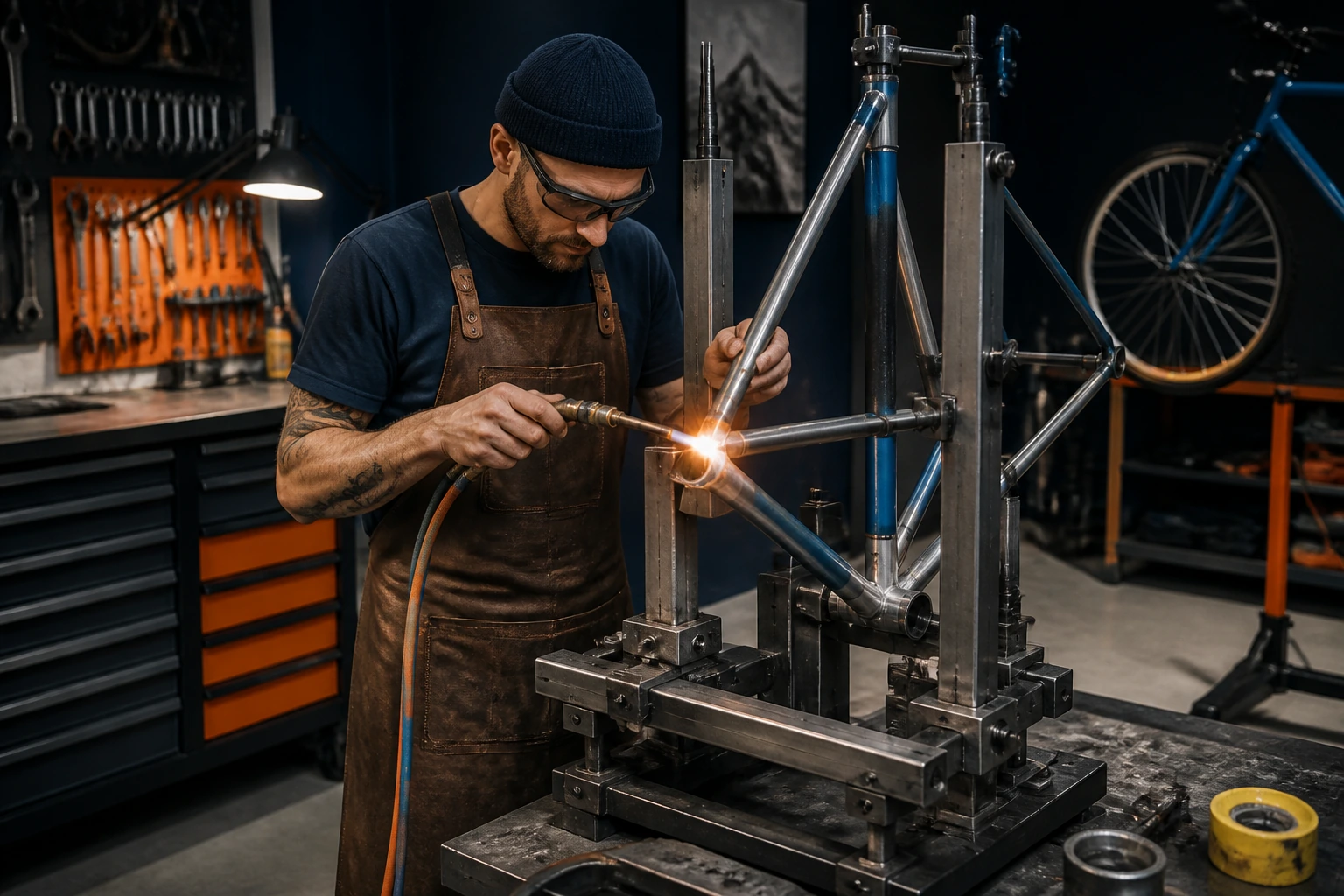 Builder brazing a frame joint at the bench, torch flame lit