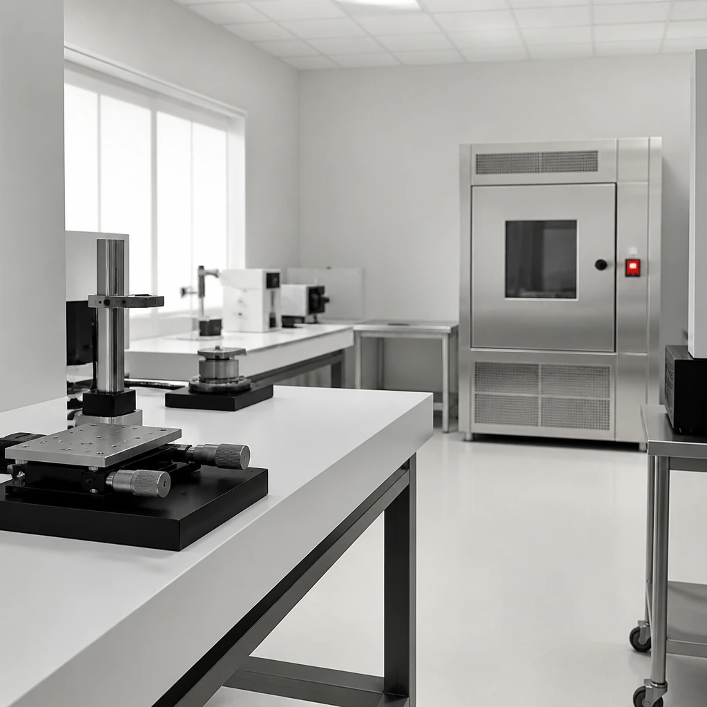 An empty temperature-controlled measurement laboratory with white surfaces