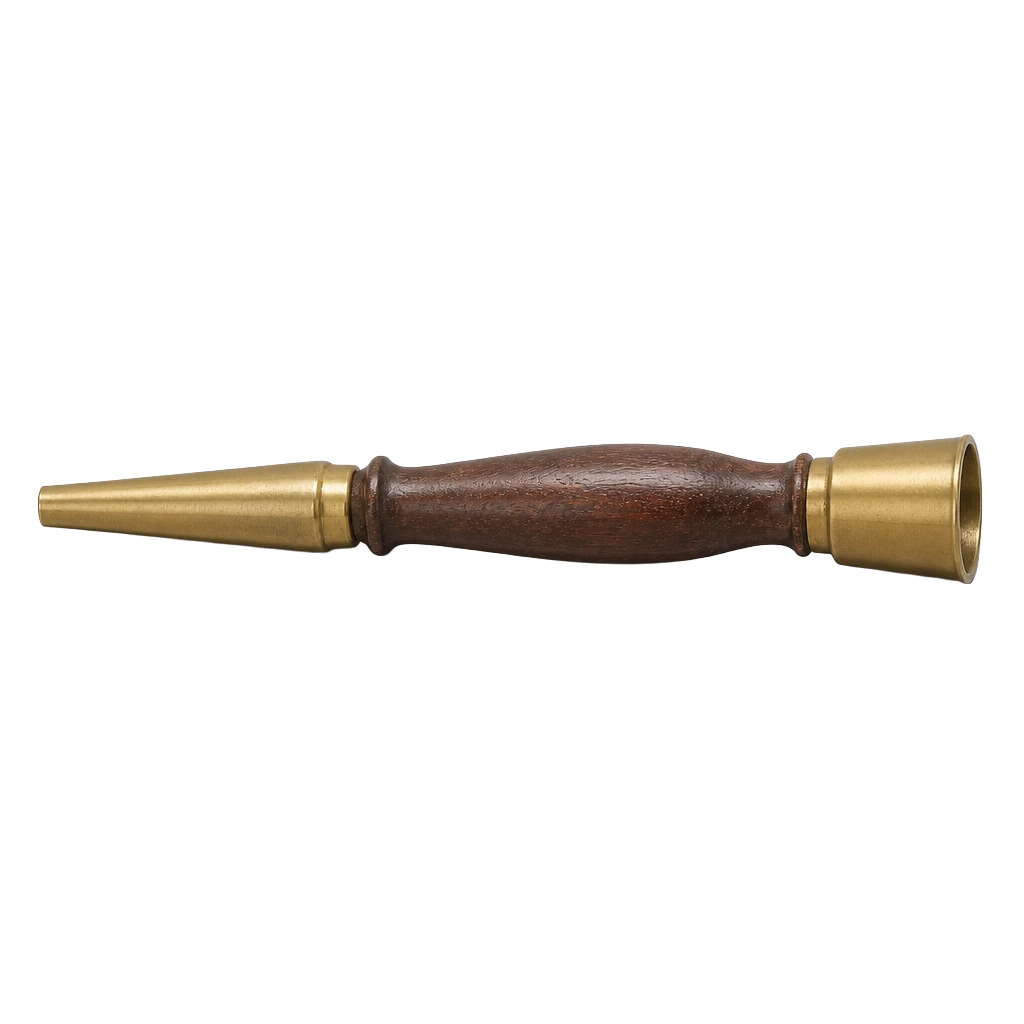 A brass organ tuning cone with a turned wooden handle