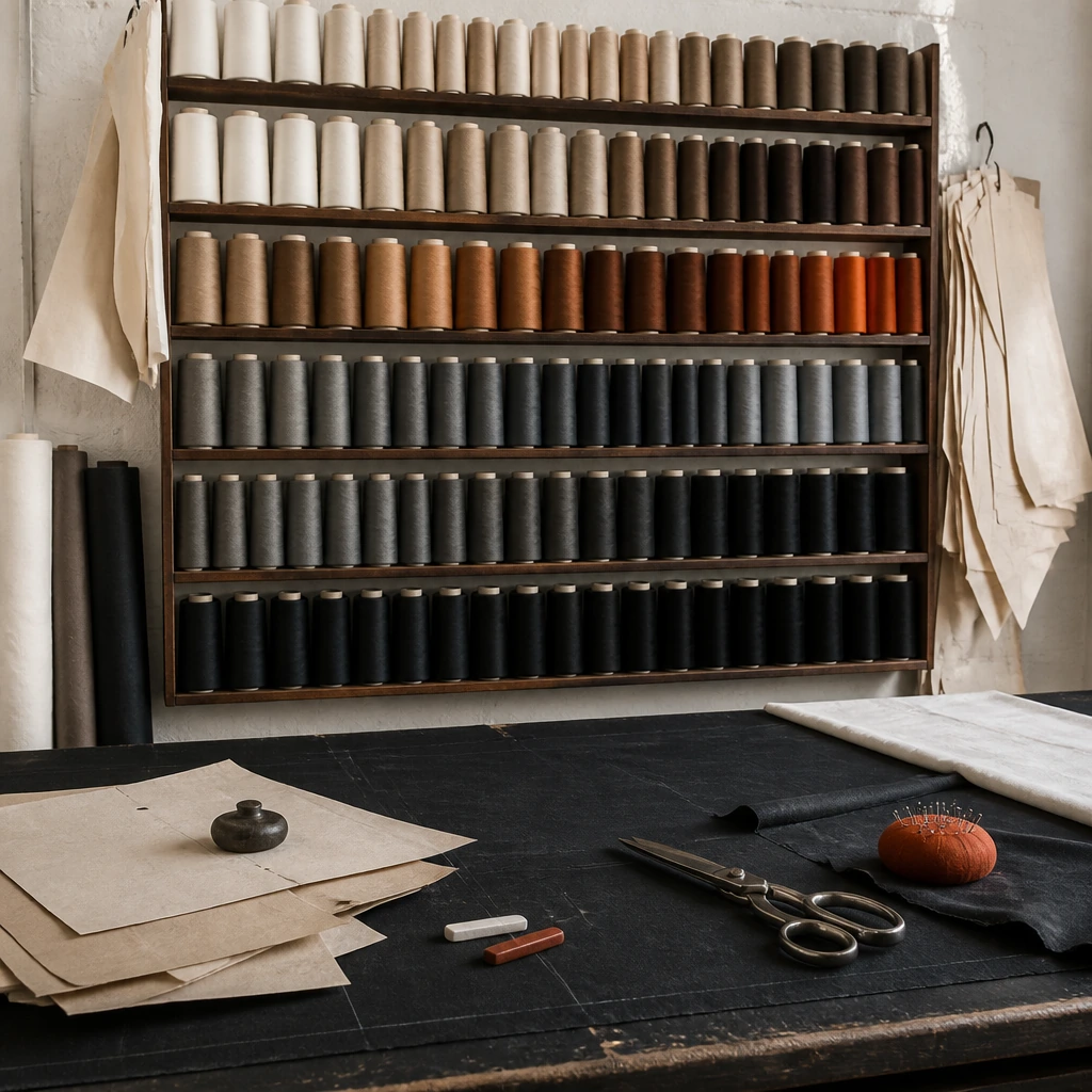 A wall of thread spools arranged by shade in a tailoring workroom