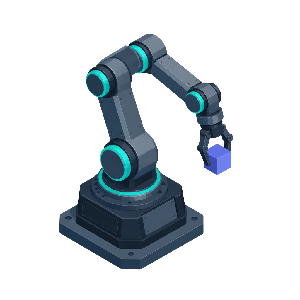 Six-axis robotic arm with teal accents, posed mid-reach