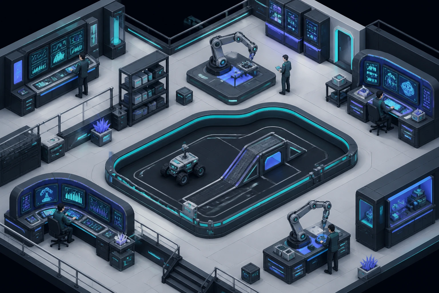 Isometric view of the Quanta laboratory floor: robot arms at benches, a rover dock, and cable trays overhead