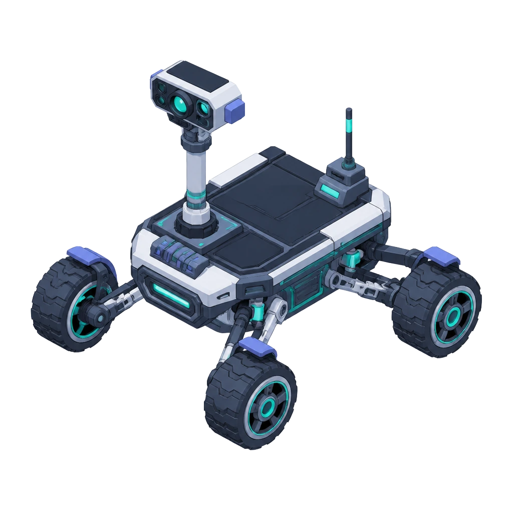Four-wheeled research rover with sensor mast and cargo bay