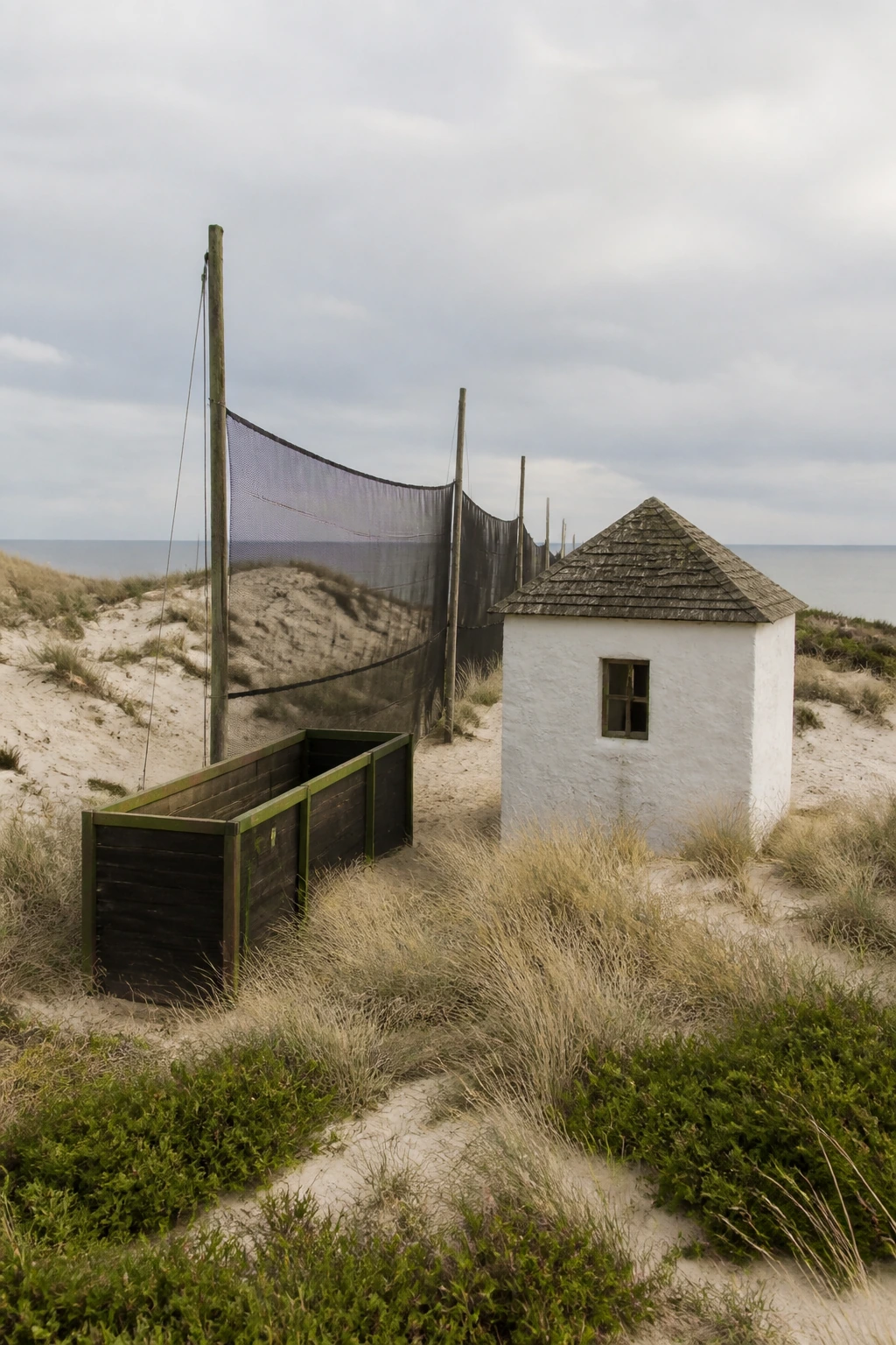 A small whitewashed bird observatory hut standing among dunes under a pale sky
