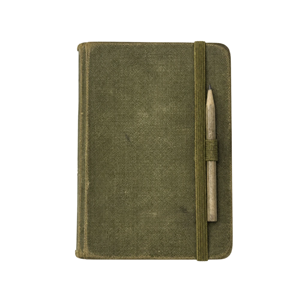 A weathered field logbook with a pencil under its elastic loop