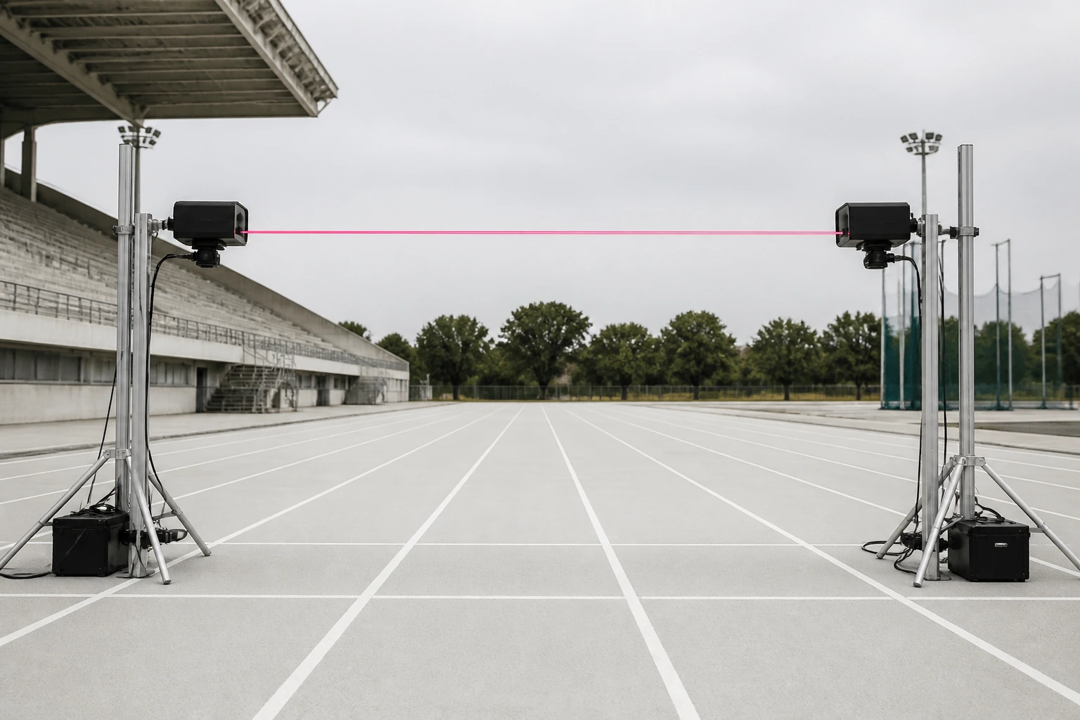 A photo-finish timing gate at the end of an empty athletics track seen down the lanes
