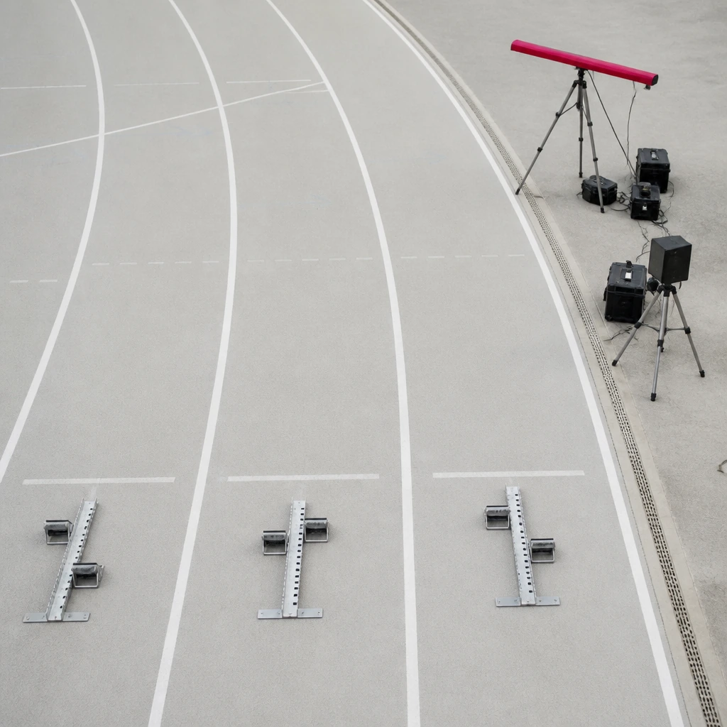 A close overhead view of painted lane numbers on a running track surface