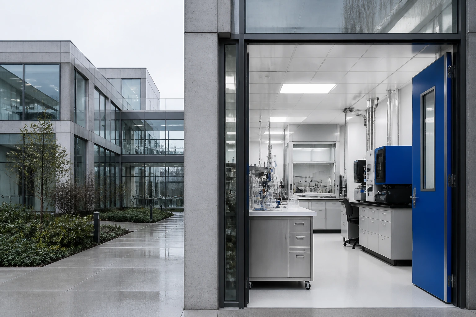 The Institut Vollmer building, a low concrete laboratory block with a long band of glazing