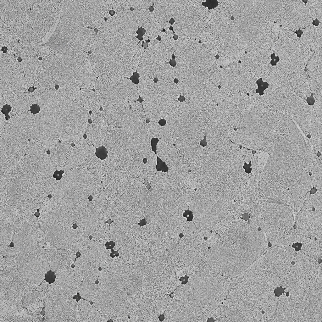 A greyscale micrograph of a polished cross-section scattered with dark pores