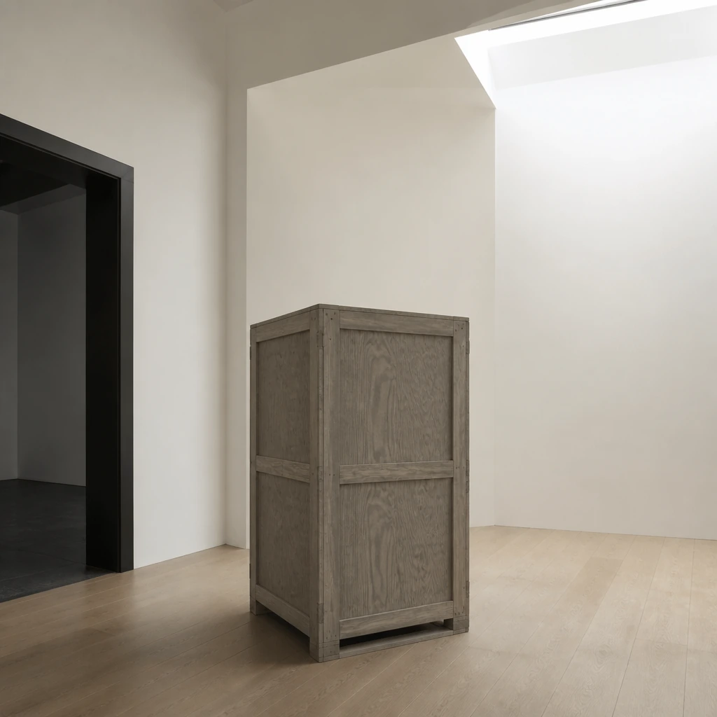 A plywood art crate standing closed in an empty white room
