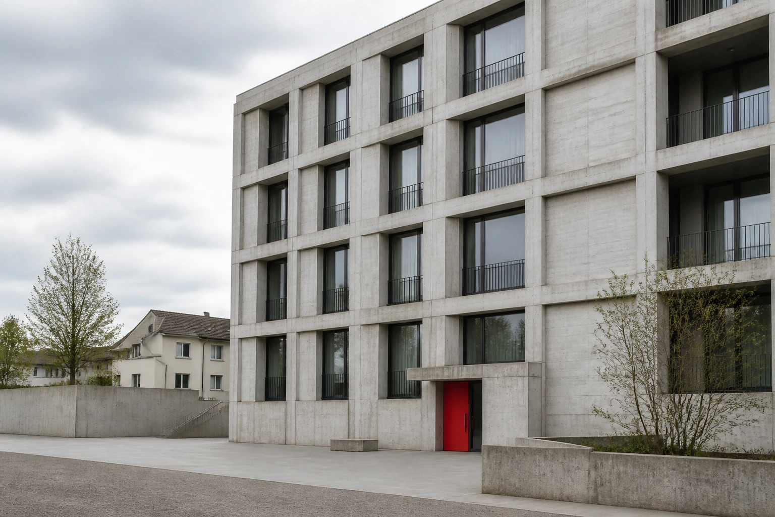 A concrete housing block with deep window reveals under an overcast sky