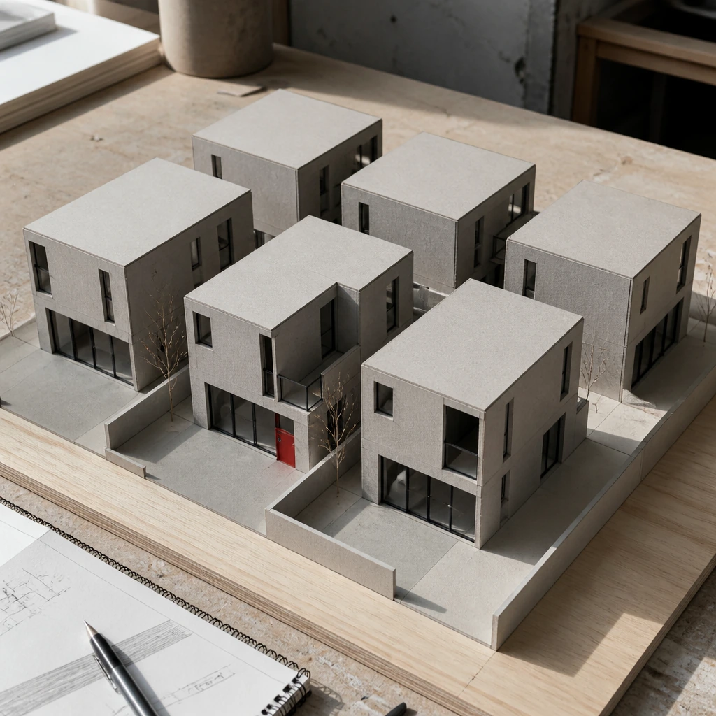 A grey cardboard massing model of six housing blocks on a plywood base