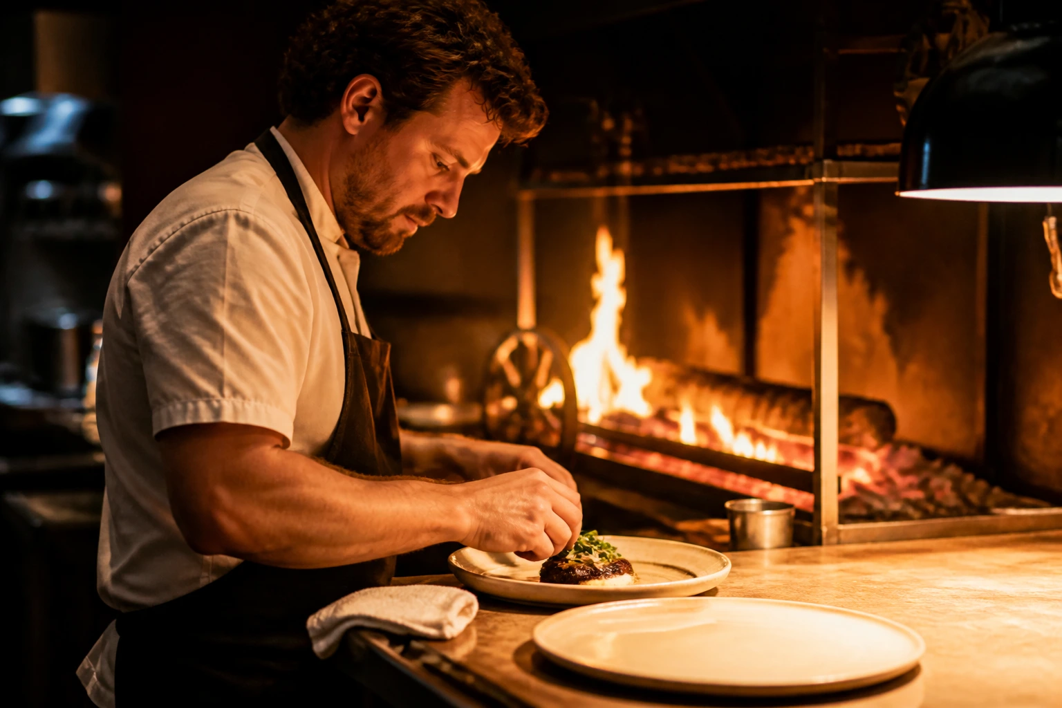 A chef plating a dish on the pass of a fire-lit restaurant kitchen, dark and moody, warm glow
