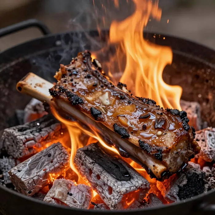 A wood-fired rib chop resting over glowing coals, amber firelight
