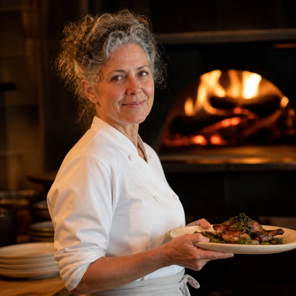 A natural, candid waist-up portrait of a woman in her fifties with grey curls pinned up, sleeves pushed back, chef whites, working as a chef, owner, in the open kitchen of a wood-fired restaurant, warm firelight from the hearth behind them