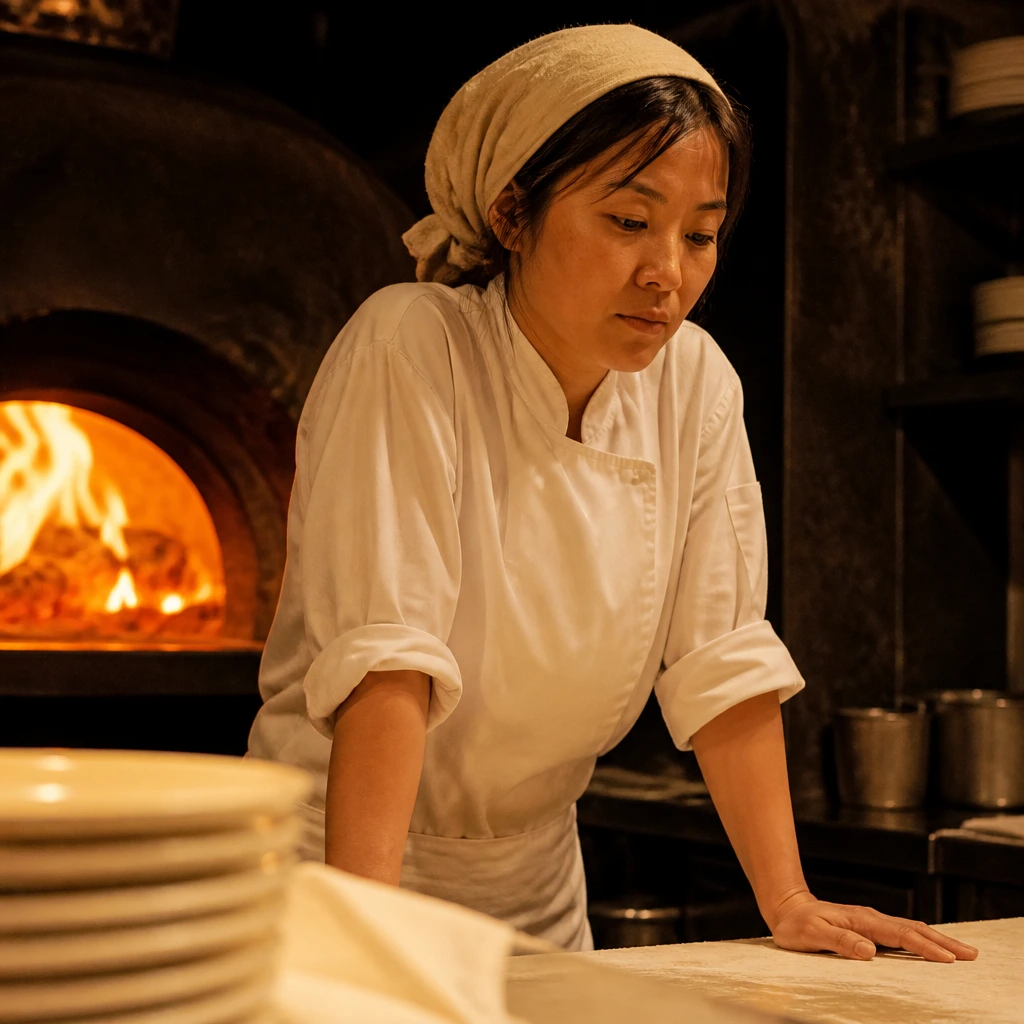 A natural, candid waist-up portrait of a Japanese woman in her thirties with straight hair under a bandana, pastry whites, working as a pastry, in the open kitchen of a wood-fired restaurant, warm firelight from the hearth behind them