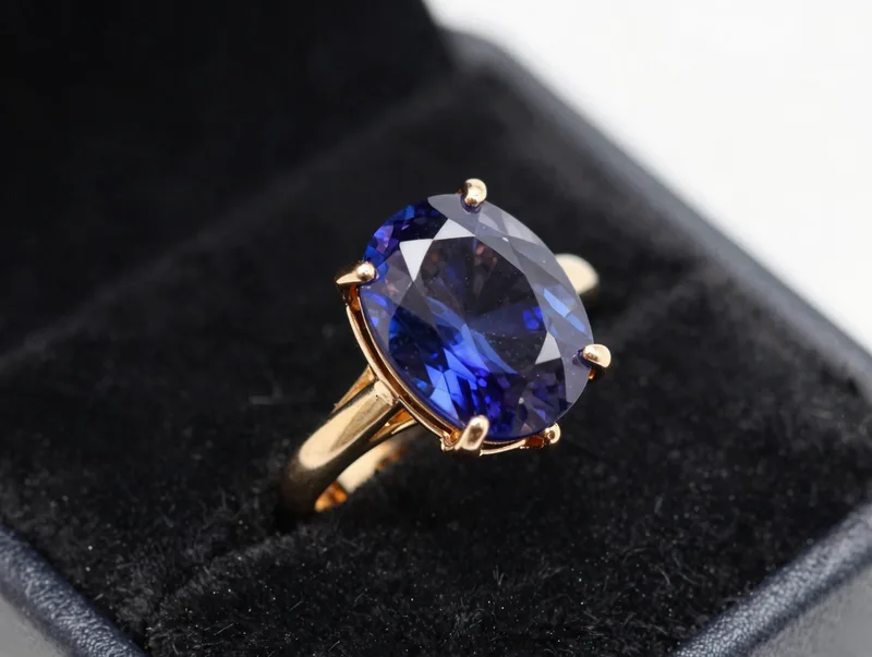 A sapphire solitaire ring in 18k gold on black velvet, jewel-toned reflections, macro detail