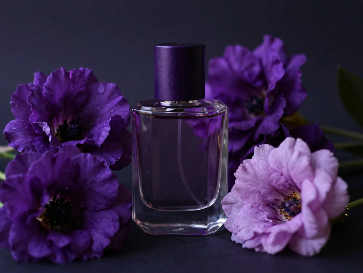A dark still life of a faceted perfume bottle among night flowers, deep violet