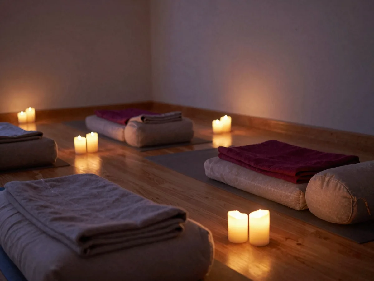 A candle-lit restorative yoga room at dusk with floor cushions, bolsters and folded blankets arranged on the floor, warm amber tones